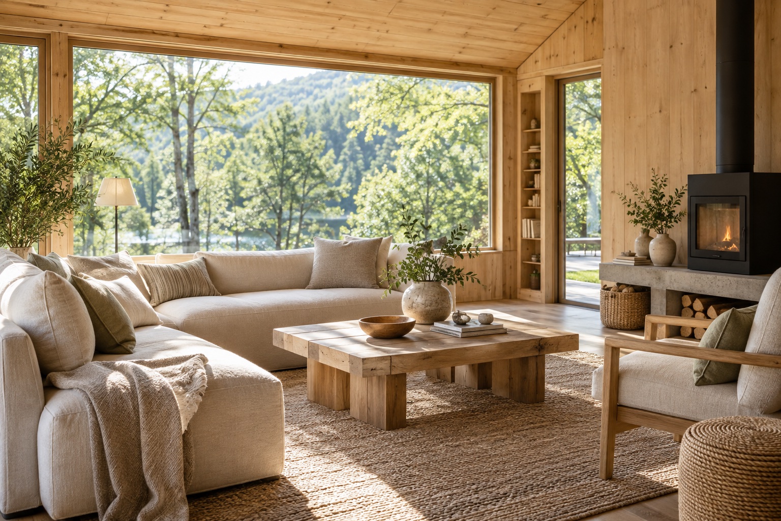 Illustrative sunlit cabin interior with oak finishes and a forest view