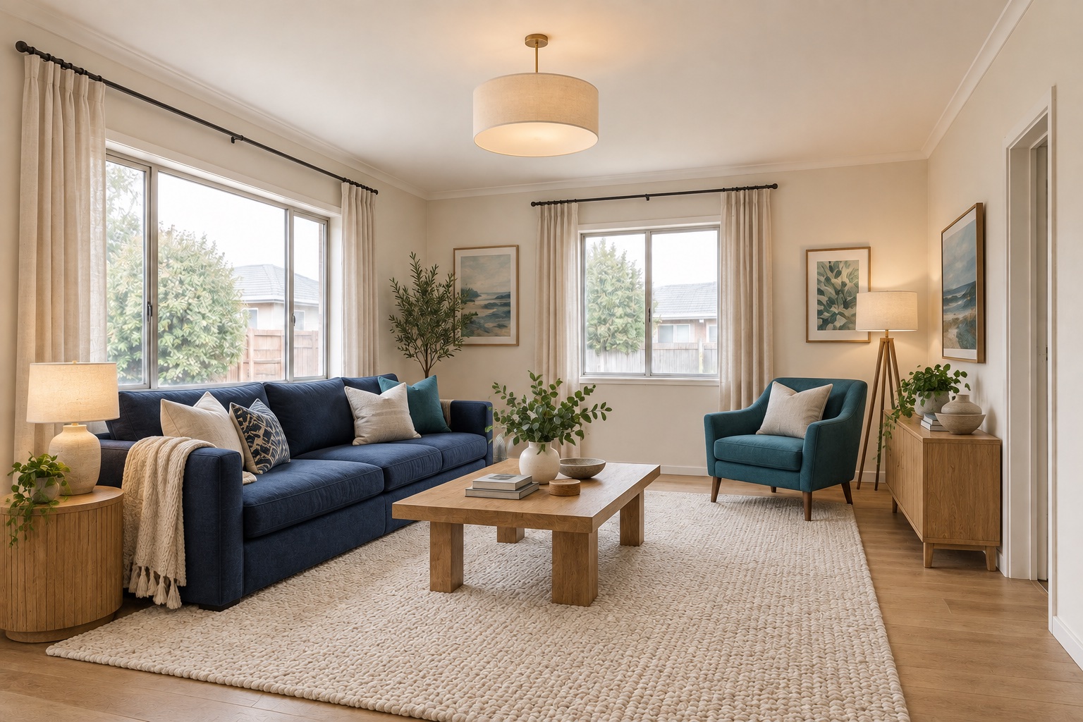 Illustrative furnished room with a navy sofa, teal chair and oak finishes